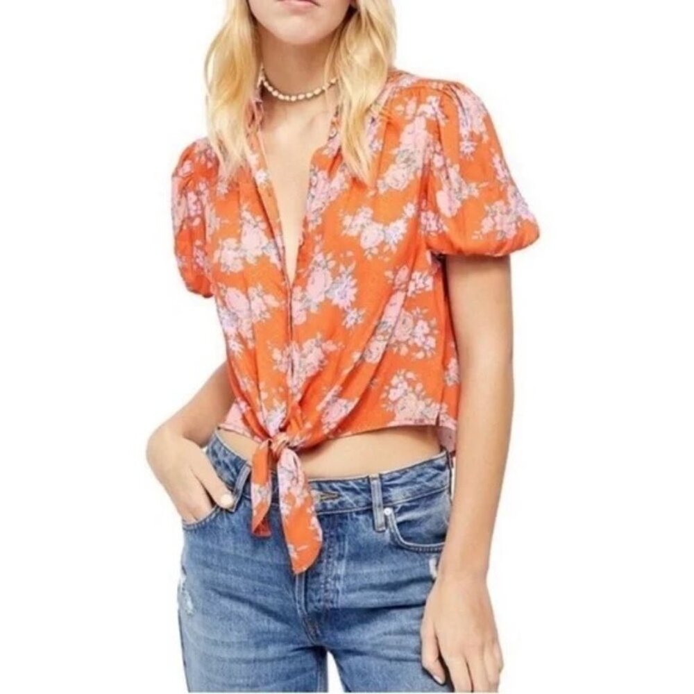 Free People Celia tie front floral oversized top